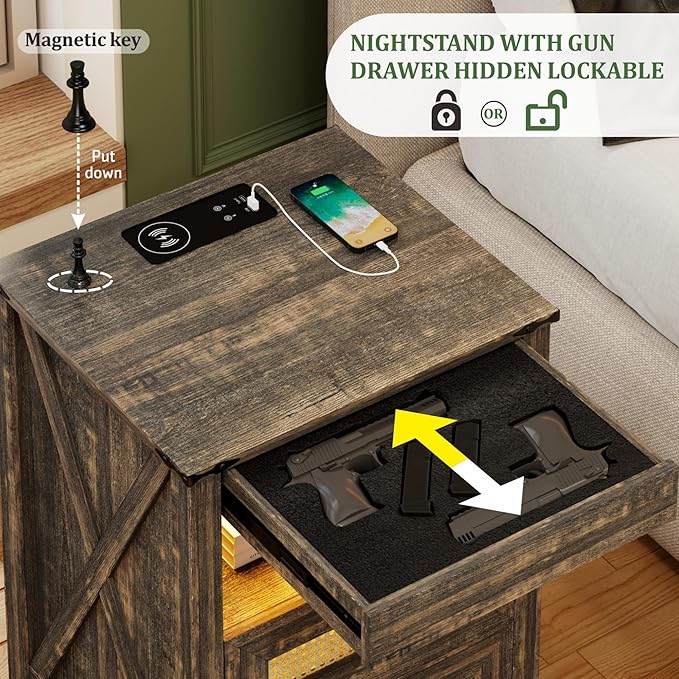 Night Stand with Gun Drawer, Bedside Table with Charging Station & LED Light, Gun Nightstand for Bedroom Living Room, Farmhouse End Table, Rustic