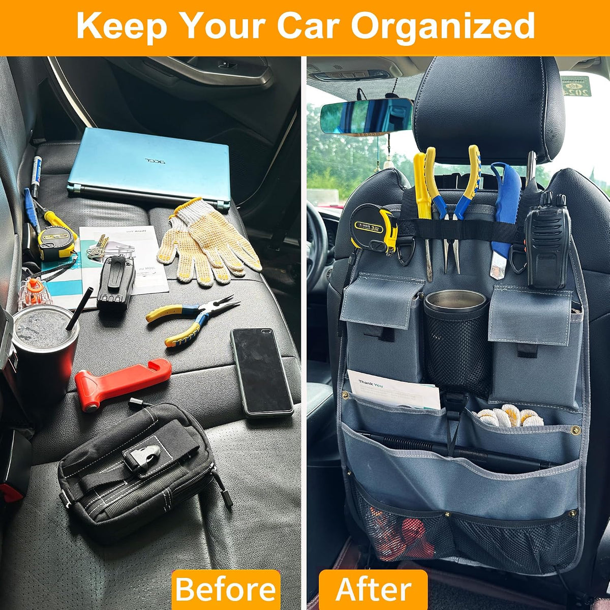Car Seat Back Organizer with Multiple Storage Pockets, Black Mesh and Fabric, Universal Fit (grey)