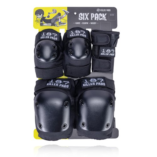 187 Killer Pads Six Pack Pad Set, Protective Gear for Elbows, Knees, and Wrists - Ideal for Skateboarding, Roller Skating, and Inline Skating (Black, Small-Medium)