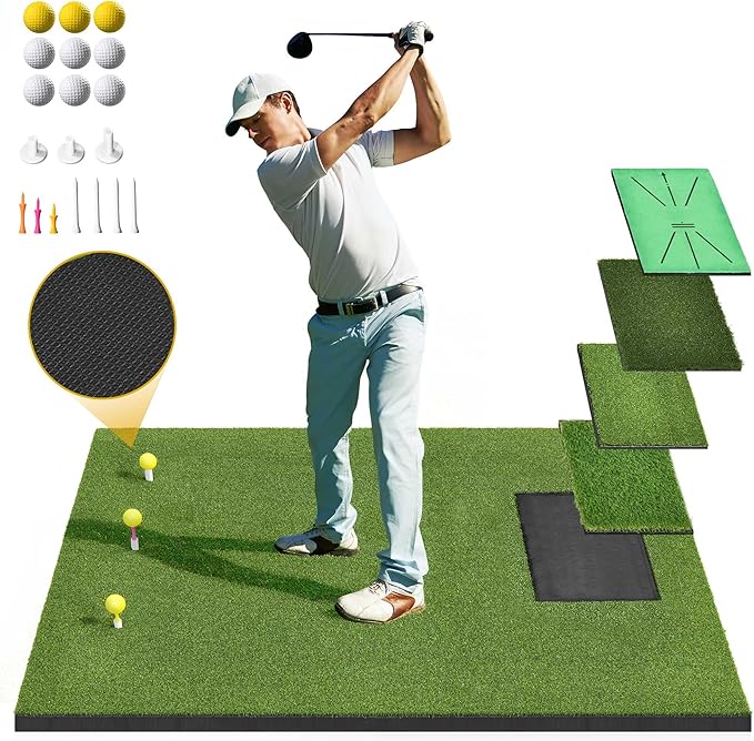 5x4ft Golf Hitting Mat, Thickened 21mm/31mm/36mm Artificial Turf Golf Practice Mats for Indoor Outdoor Backyard Driving Swing Training with 9 PU Balls, 3 Rubber Tees, 7 Tees