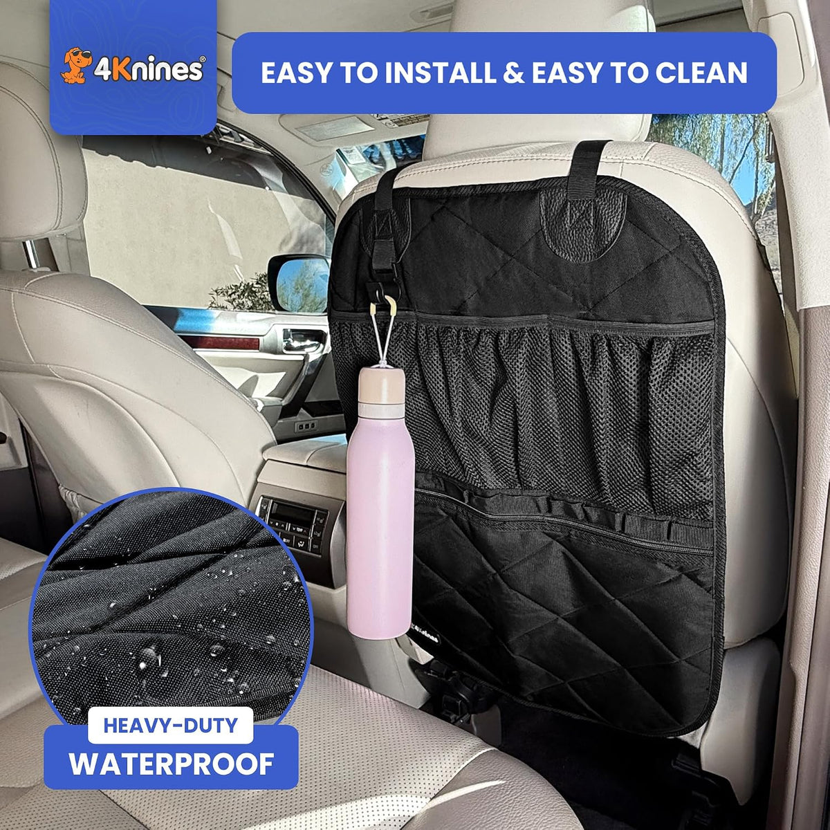4Knines Car Seat Back Organizer – Heavy-Duty Kick Mat, Mesh Pockets, Black