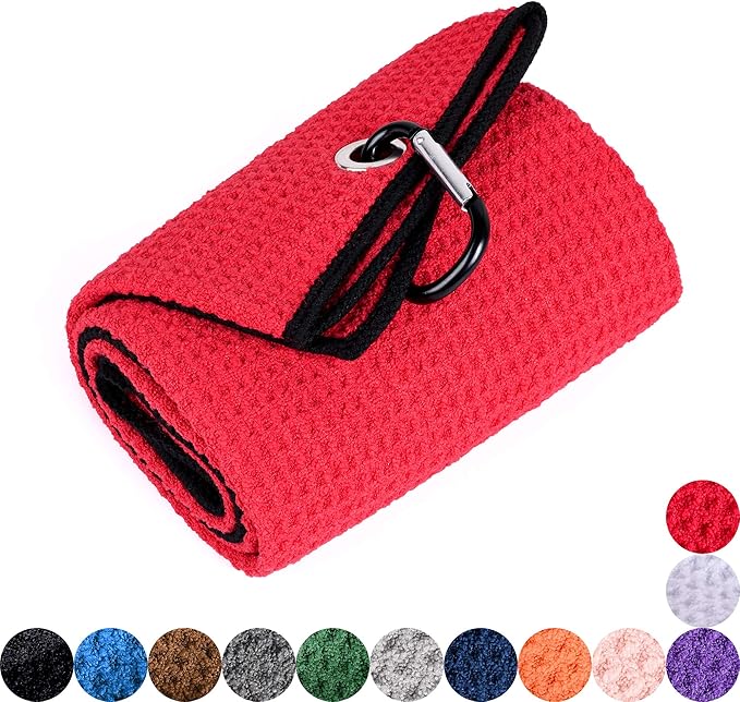Mile High Life Microfiber Waffle Pattern Golf Towel | Club Groove Cleaner Brush | Foldable Divot Tool with Magnetic Ball Marker (Red Towel/Brush/Curve Divot)