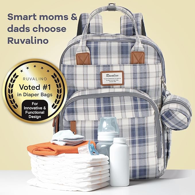 RUVALINO Diaper Bag Backpack, Multifunction Travel Pack Maternity Baby Changing Bags, Large Capacity, Waterproof, Blue Plaid