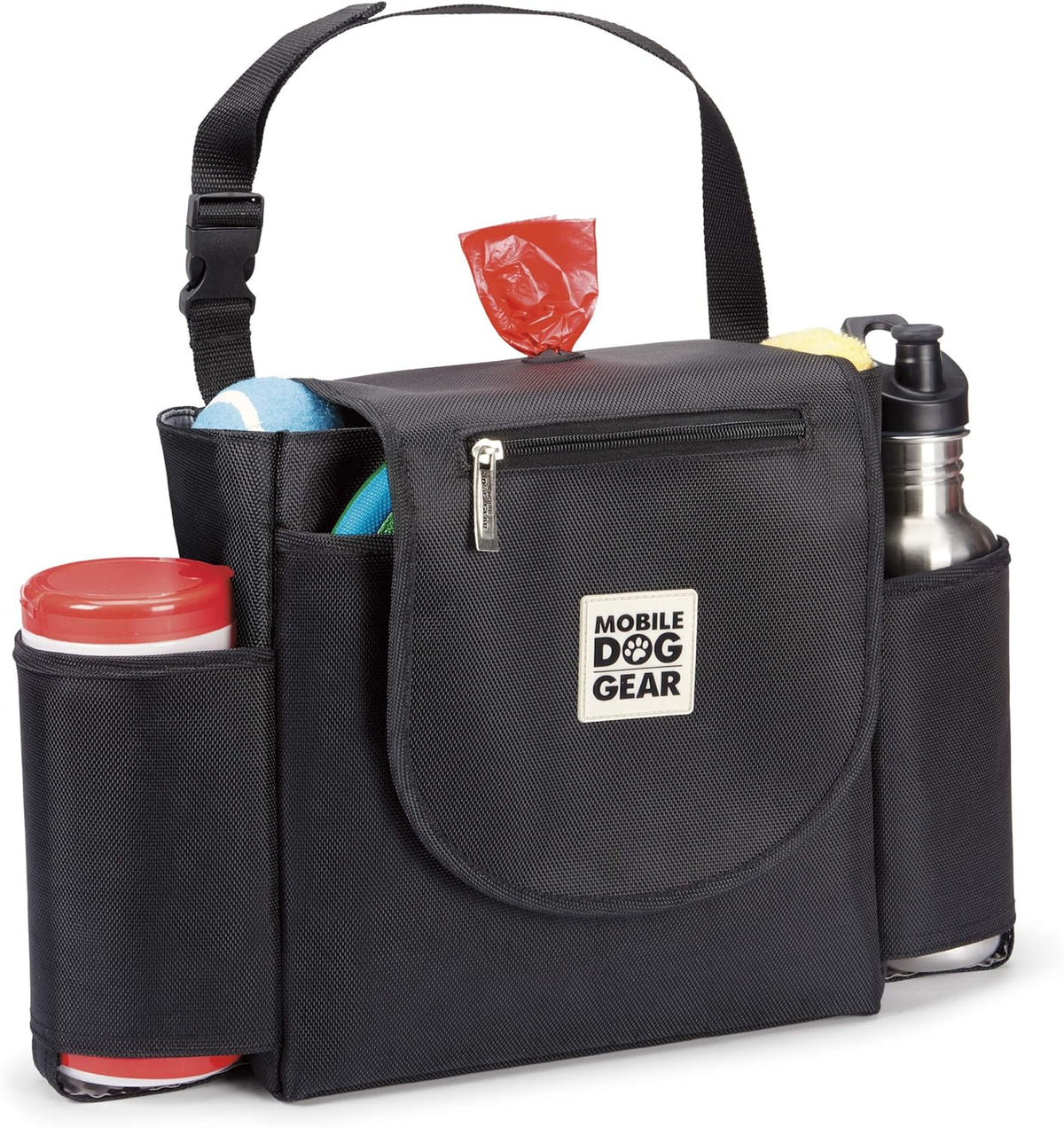 Mobile Dog Gear, Car Seat Back Organizer Travel Bag, Includes Built-in Waste Bag Dispenser and 1 Bag Roll, Black, Meets Airline Requirements