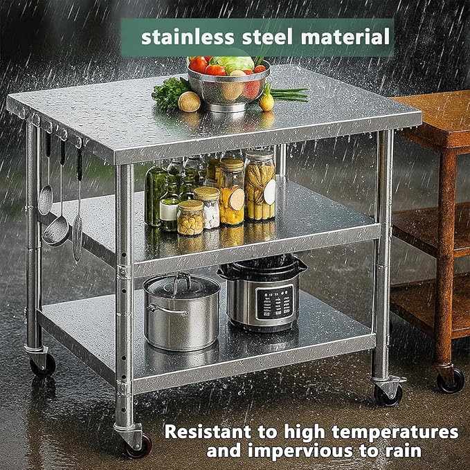 Stainless Steel Table with Wheels for Food Preparation and Work, Multi-Size Optional, Three-Layer Variable Two-Layer Metal Commercial Workbench Outdoor, Restaurant, Kitchen