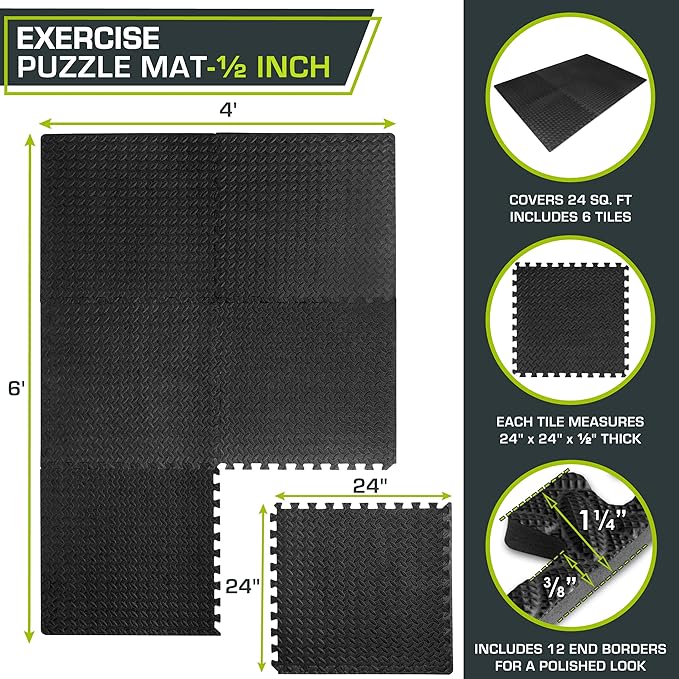ProsourceFit Puzzle Exercise Mat ½ in, EVA Interlocking Foam Floor Tiles for Home Gym, Mat for Home Workout Equipment, Floor Padding for Kids, Black, 24 in x 24 in x ½ in, 24 Sq Ft - 6 Tiles
