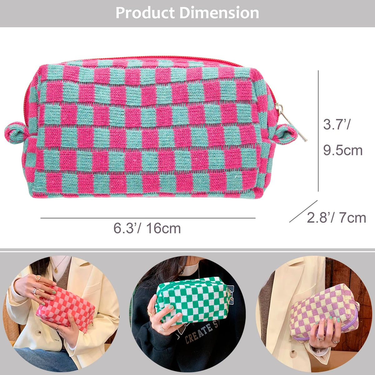Checkered Makeup Bag for Purse, Small Cosmetic Pouch,Magenta Green,6 Pack