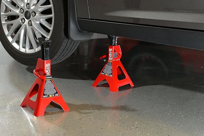 Powerbuilt Alltrade 640912 Black 3 Ton, All-in-One Bottle Jack & Big RED T43202 Torin Steel Jack Stands: 3 Ton (6,000 lb) Capacity, Red, 1 Pair