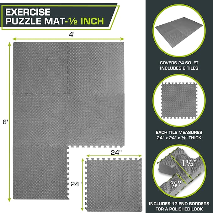 ProsourceFit Puzzle Exercise Mat ½ in, EVA Interlocking Foam Floor Tiles for Home Gym, Mat for Home Workout Equipment, Floor Padding for Kids, Grey, 24 in x 24 in x ½ in, 24 Sq Ft - 6 Tiles