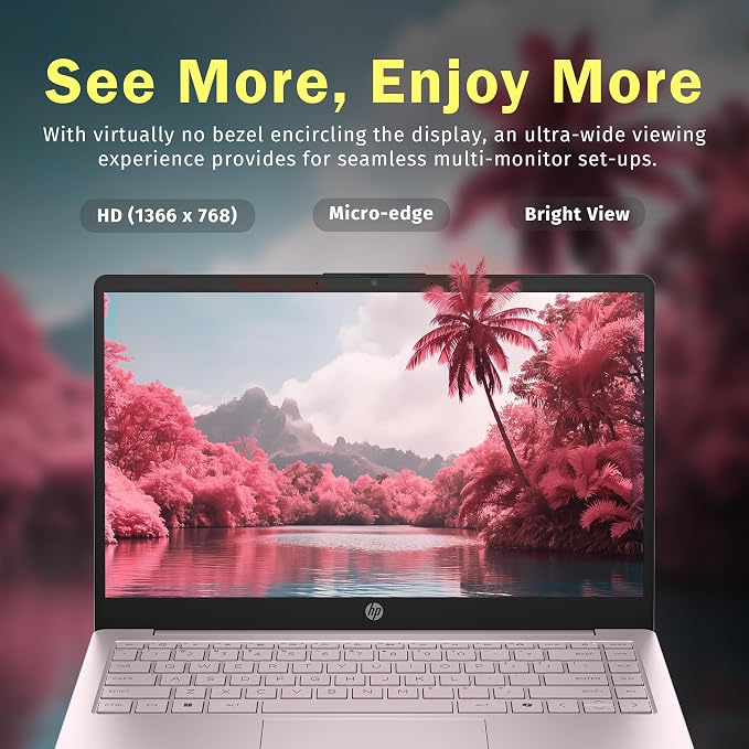 HP Flagship 14" HD Student&Business Laptop, Intel N150 CPU, 16GB RAM, 128GB UFS, Webcam, Bluetooth, Win 11s, Pink (Renewed)