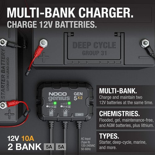 NOCO Genius GEN5X2 Onboard Battery Charger - 2-Bank, 10A, Waterproof 12V Marine Charger for Lead-Acid & Lithium Batteries
