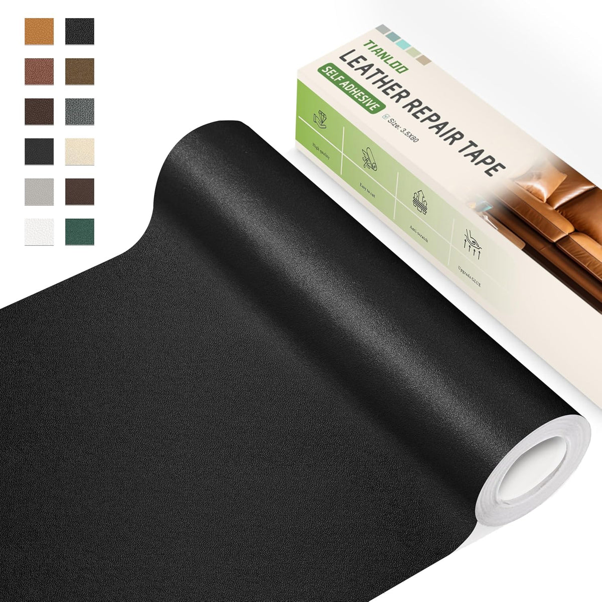 TIANLDD Leather Repair Tape,16 x 160 Inches Self Adhesive Leather Repair Patch，Leather Repair Kit for Furniture，Couches,Car Seats,Cabinets,Handbags(Black-Fine Lines)