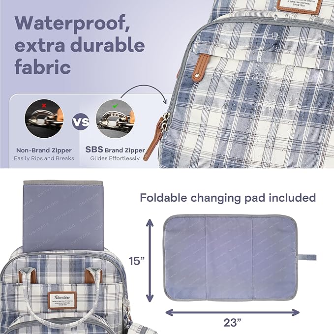 RUVALINO Diaper Bag Backpack, Multifunction Travel Pack Maternity Baby Changing Bags, Large Capacity, Waterproof, Blue Plaid