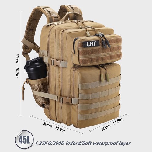 LHI Military Tactical Backpack - 45L Army Assault Pack with Shoe Compartment | Unisex Rucksack