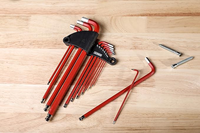 ARES 70164-13-Piece SAE Long Arm Ball End Hex Key Wrench Set - Chrome Finish with Red High Visibility Anti-Slip Coating - Convenient Storage Case Included