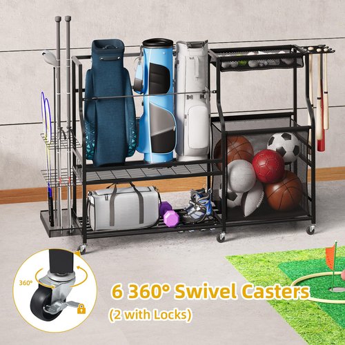 DWVO Golf Bag Organizer for Garage, Golf Storage Stand with Casters, Garage Sports Organizer for Balls, Rackets, Roller Skates and Other Sport Equipments