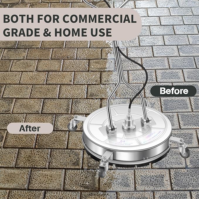 24" Pressure Washer Surface Cleaner with 4 Wheels - Stainless Steel Dual Handle Surface Cleaner for Pressure Washer Attachment for Concrete, Patio, Sidewalk, Deck and Driveways - PWS 24
