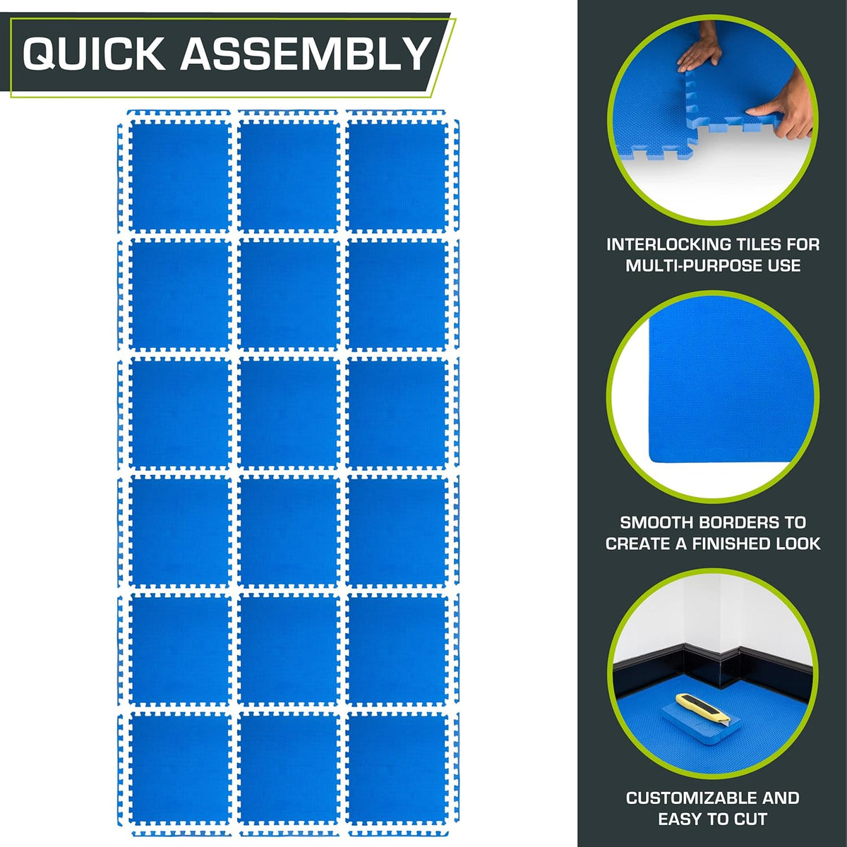 ProsourceFit Extra Thick Puzzle Exercise Mat - Cushioned EVA Foam Interlocking Tiles | Blue 3-Pack for Home & Gym