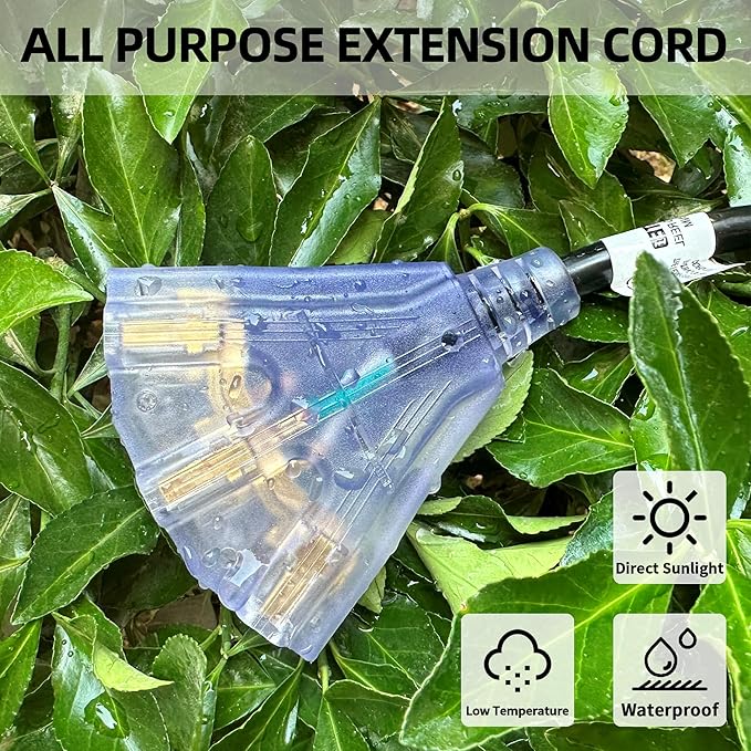 YOJOE 3-Outlets Indoor Outdoor Extension Cord with Lighted End, 3 Prong 15A Weatherproof Power Cord, 12 Gauge Heavy Duty 30 ft Black Extension Cord Multiple Outlets, 12/3 SJTW UL Listed