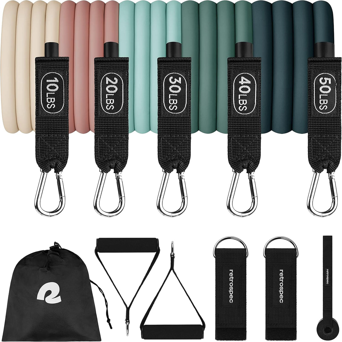 Retrospec Resistance Bands Set - 5 Stackable Bands with Handles & Door Anchor | Portable Fitness Equipment for Yoga & Therapy