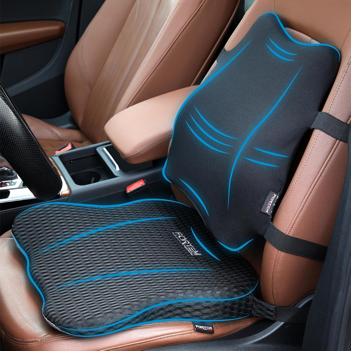FORTEM Car Seat Cushion and Back Support Pillow, Memory Foam Car Wedge Cushion, Comfort Back Rest and Lumbar Support for Driving, Non Slip Seat Pad, Adjustable Straps, Washable Cover