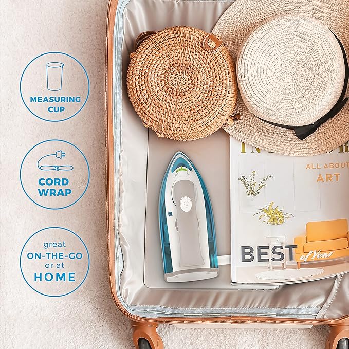 Steamfast SF-710 Mini Steam Iron, Non-Stick Sole Plate, Foldable Handle, 45 Second Heat Up Time, Cord Storage, Portable, 6-Foot Power Cord, Chemical-Free Steam Power, White