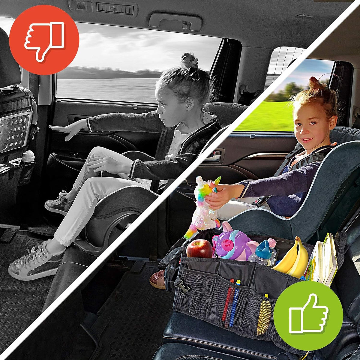 Easy-to-Reach Kids Car Organizer with Tissue Box and Cup Holder for Back Seat, Front Seat, Between Seats, Floor - Tote Car Storage Organization for Toddlers - Kids Road Trip Travel Essentials (Black)