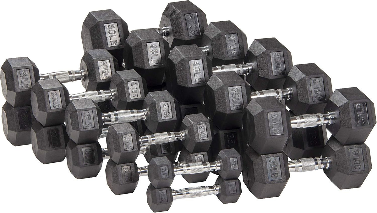 Signature Fitness Rubber Coated Hex Dumbbells - Versatile Hand Weights for Home Gym | 5-50 lbs Pairs