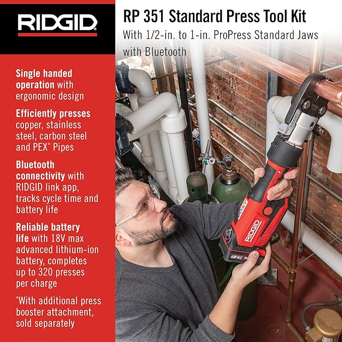 RIDGID 67183 Model RP 351 ProPress Standard Press Tool Kit with Battery, Charger, 1/2" to 1" Press Tool Jaws, and Carrying Case