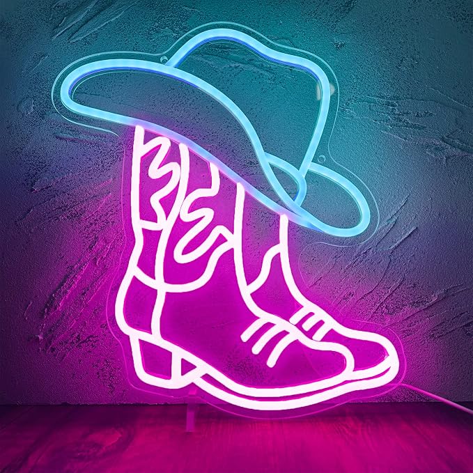 Cowboy Boot and Hat LED Neon Sign, Western Country Wall Decor