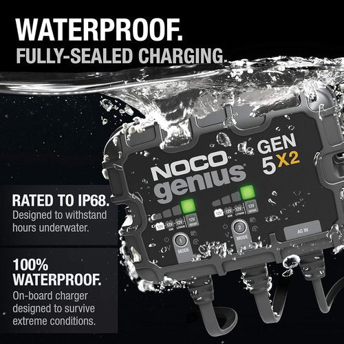 NOCO Genius GEN5X2 Onboard Battery Charger - 2-Bank, 10A, Waterproof 12V Marine Charger for Lead-Acid & Lithium Batteries