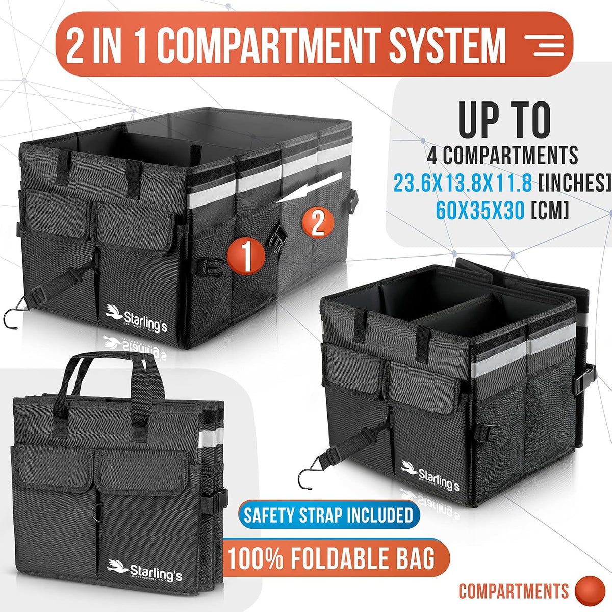 Starling's Car Trunk Organizer Super Strong, Foldable Storage Cargo Box for SUV, Auto, Truck Nonslip Waterproof Bottom, Fits any Vehicle, Come w Adjustable TieDown Straps W LID (Black, 2