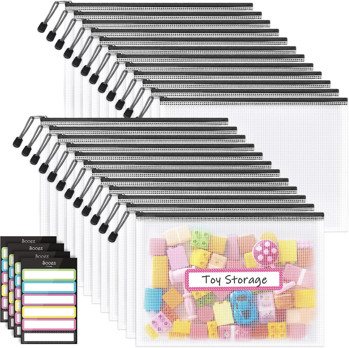 Sooez 24 Pack Mesh Zipper Pouch with Sticky Labels, A4 Mesh Bags Organizer