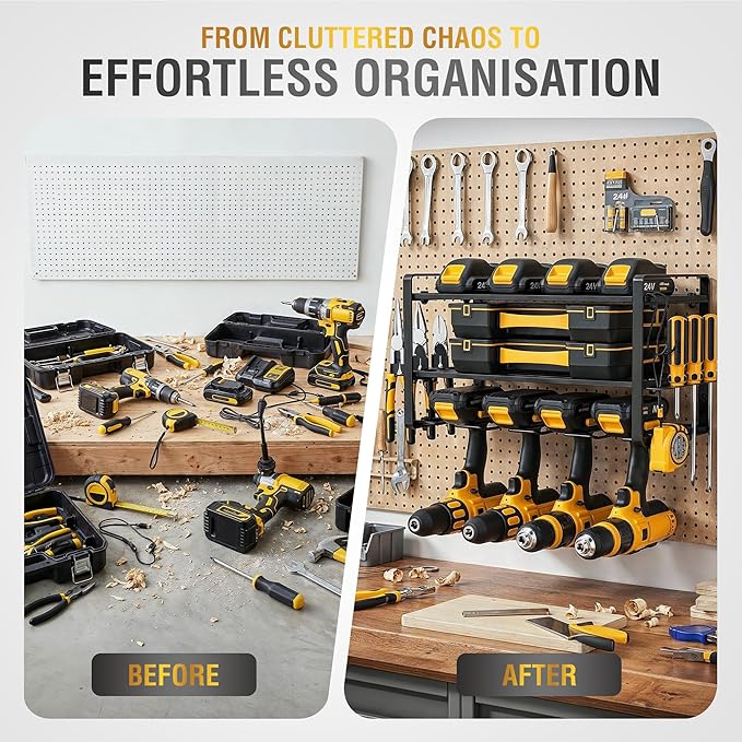 Power Tool Organizer Wall Mount - Garage Wall Tool Organizer with Drill Holder, Tool Storage Organizer, Heavy Duty Metal Shelf, Wall Mount Organizer for Garage & Workshop