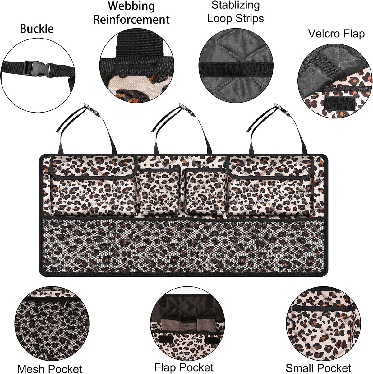 Femuar Car Trunk Organizer,Large Capacity Backseat Trunk Organizer(42"*18"),Collapsible Car Storage Bag with 8 Pocekt,Car Organizer for SUV/MPV/Truck - Leopard print