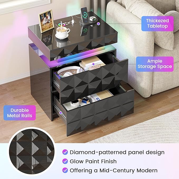LED Nightstand with Charging Station,3 Drawers Night Stand with Lockable Hidden Storage,Smart Bedside Table with Human Sensor RGB Lights for Bedroom,Black