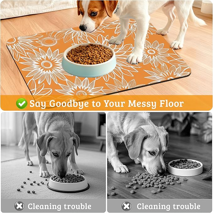 Retro Geometric Aesthetic Dog Food Mat,Orange Absorbent Pet Feeding Mat for Food and Water Bowl,Quick Dry Dog Placemat Non Slip Rubber Backing Waterproof Pet Supplies 16" x 24"