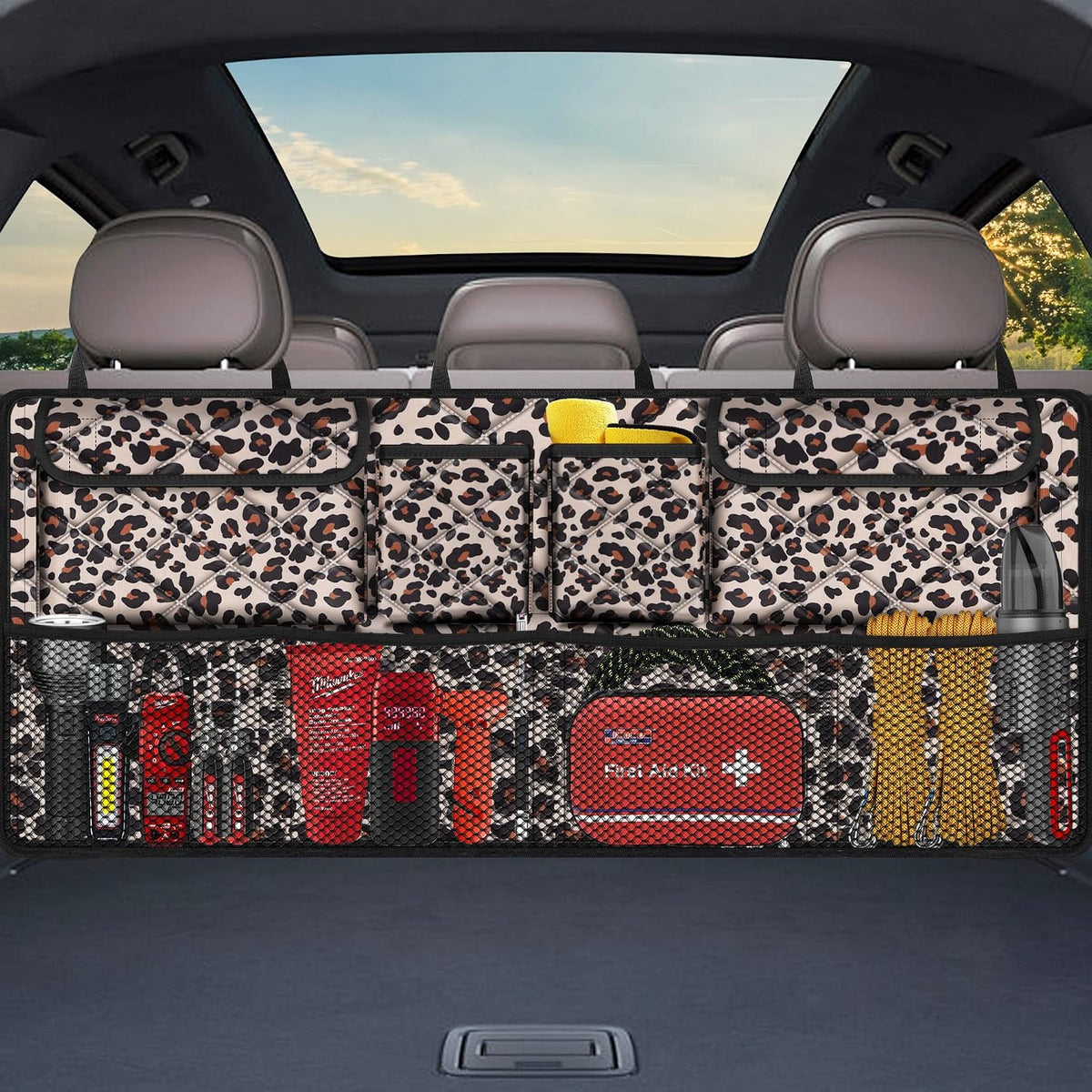 Femuar Car Trunk Organizer,Large Capacity Backseat Trunk Organizer(42"*18"),Collapsible Car Storage Bag with 8 Pocekt,Car Organizer for SUV/MPV/Truck - Leopard print