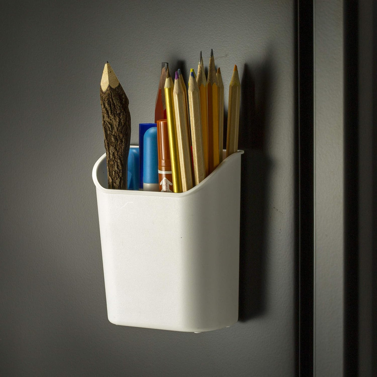 Officemate Magnetic Pencil Cup, Heavy-Duty Pen and Pencil Holder, Wall or Cubicle Mount Organizer, 2.05 x 4.07 x 4.72-Inches, White