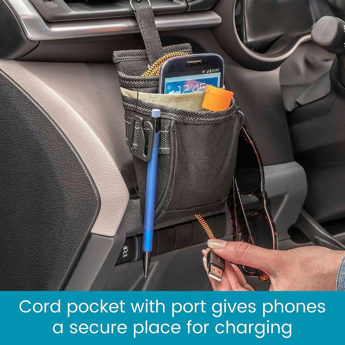 High Road DriverPockets Car Phone Holder Air Vent Pouch and Front Seat Organizer with 3 Pockets, Hanging Hooks and Charging Port