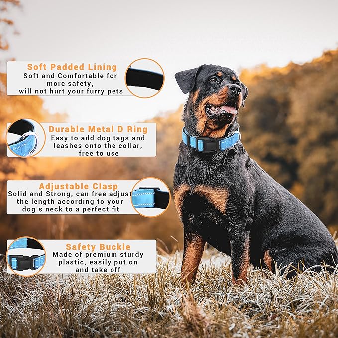 2 Pack Reflective Dog Collar with Safety Locking Buckle, Adjustable Soft Breathable Comfortable Nylon Pet Collar for Small, Medium and Large Dogs, SkyBlue, XL