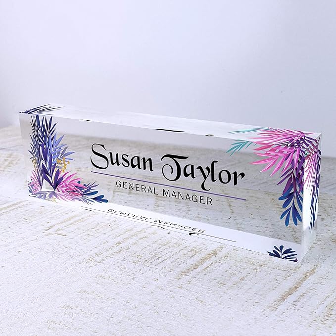 Artblox Office Desk Name Plate Personalized | Custom Name Plates for Desks | Leaf Purple Design On Clear Acrylic Glass | Office Desk Decor - (8" x 2.5")