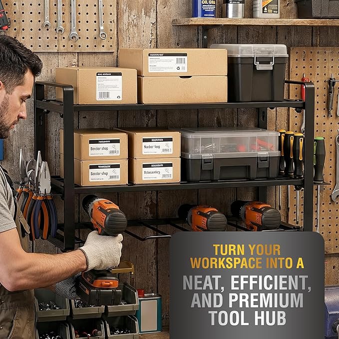 Power Tool Organizer Wall Mount - Garage Wall Tool Organizer with Drill Holder, Tool Storage Organizer, Heavy Duty Metal Shelf, Wall Mount Organizer for Garage & Workshop