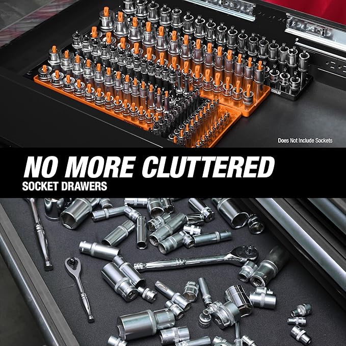 OEMTOOLS 22418 Socket Organizer Set, 6-Piece Holder Set Includes 1/4", 3/8", 1/2" Drive Metric SAE Socket Trays, Tool Box Organizer, Christmas Gift for Men(Sockets not Included)