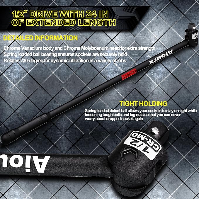 1/2" Drive 25-Inch Breaker Bar, Heavy Duty Extension Breaker Bar with 250° Swivel Head, CR-MO Steel, Defeats Rusted and Frozen Fasteners