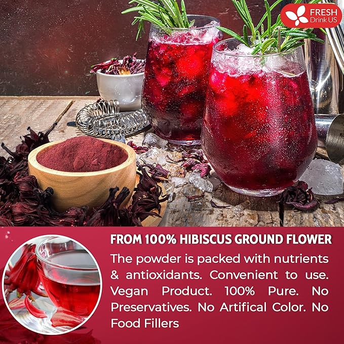 FreshDrinkUS, Premium 28oz Hibiscus Flower Powder, 100% Natural and Pure from Hibiscus Flowers, Natural Food Coloring, Hibiscus Flowers Tea, No Additives, No Gluten, No Sugar, Vegan