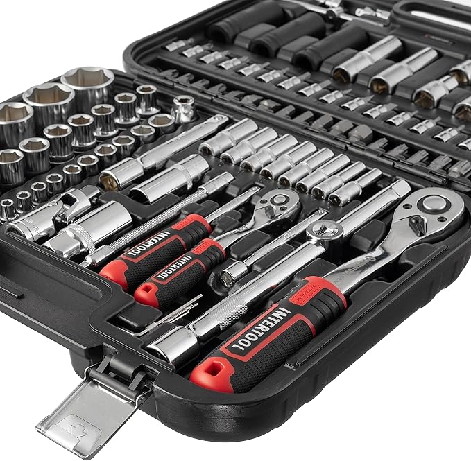 INTERTOOL Metric Socket Set 1/4” & 1/2” Drive 111-Piece 4-32 mm - 3pc Impact Sockets Cr-Mo - Quick Release Ratchets, Extensions, Adapters, Bits, Screwdriver, Hard Case - Tool Gift - ET08-8111
