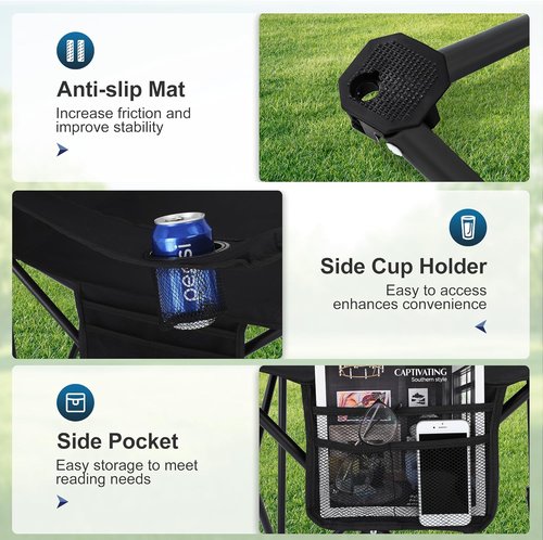 LET'S CAMP Folding Camping Chair 2-Pack - Portable Lawn Chairs with Cooler Bag & Cup Holder | Supports 350LBS (Black)