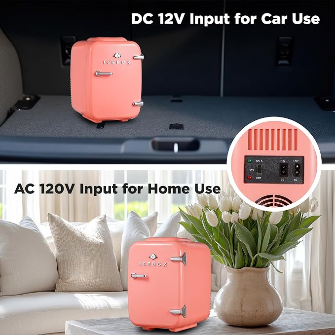 IceBox 4-Liter Mini Fridge Cooler/Warmer, IBMF4BLS, Blush Red | Portable Refrigerator Holds 6 Cans, Compact for Skincare, Beverages and Food, Includes 120V AC and 12V Car Adapters