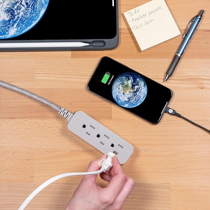 GE 3-Outlet Power Strip Mini Extension Cord with Multiple Outlets 5 Inch Braided Short Cord Extension Cord Grounded Flat Plug Extension Cord ETL Listed Gray 53199